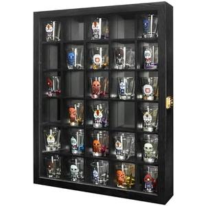 FramePro Black Shot Glass Display Case 30 Slots with Mirror Background Large Wooden Cabinet Rack Holder Mini Helmet Collection Wall Mounted Shadow Box Lockable with Tempered Glass Door 15.5*20 Inches