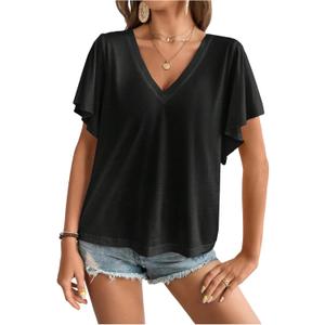 SweatyRocks Women's Summer Basic Short Sleeve Tops V Neck Blouse Casual Loose Going Out Top (Black)