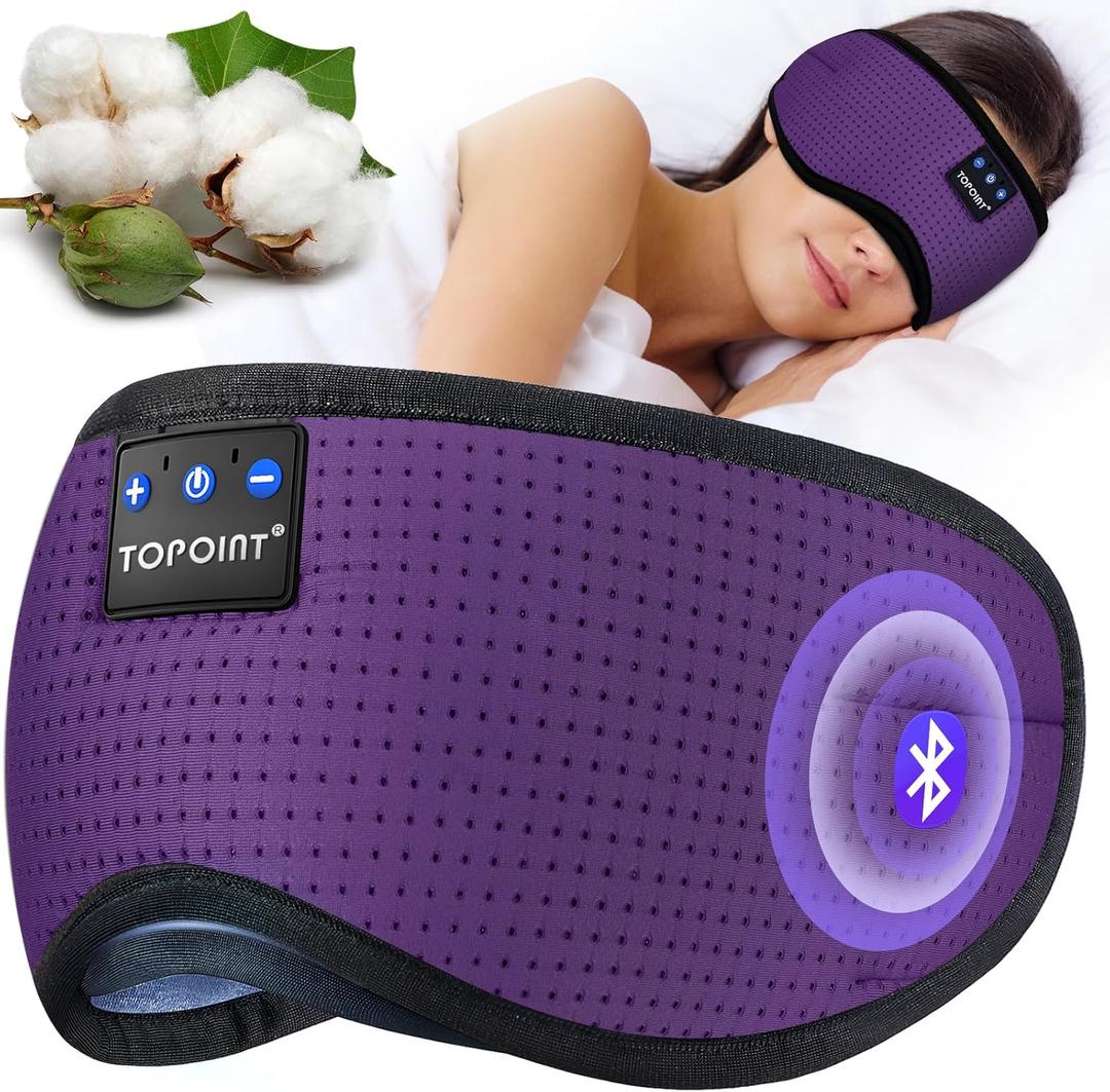 TOPOINT Sleep Mask Headphones Bluetooth Wireless 5.4, Breathable Cotton Eye Mask for Sleeping Side Sleepers Travel Music Headsets with Microphone Handsfree Men Women (Deep Purple)