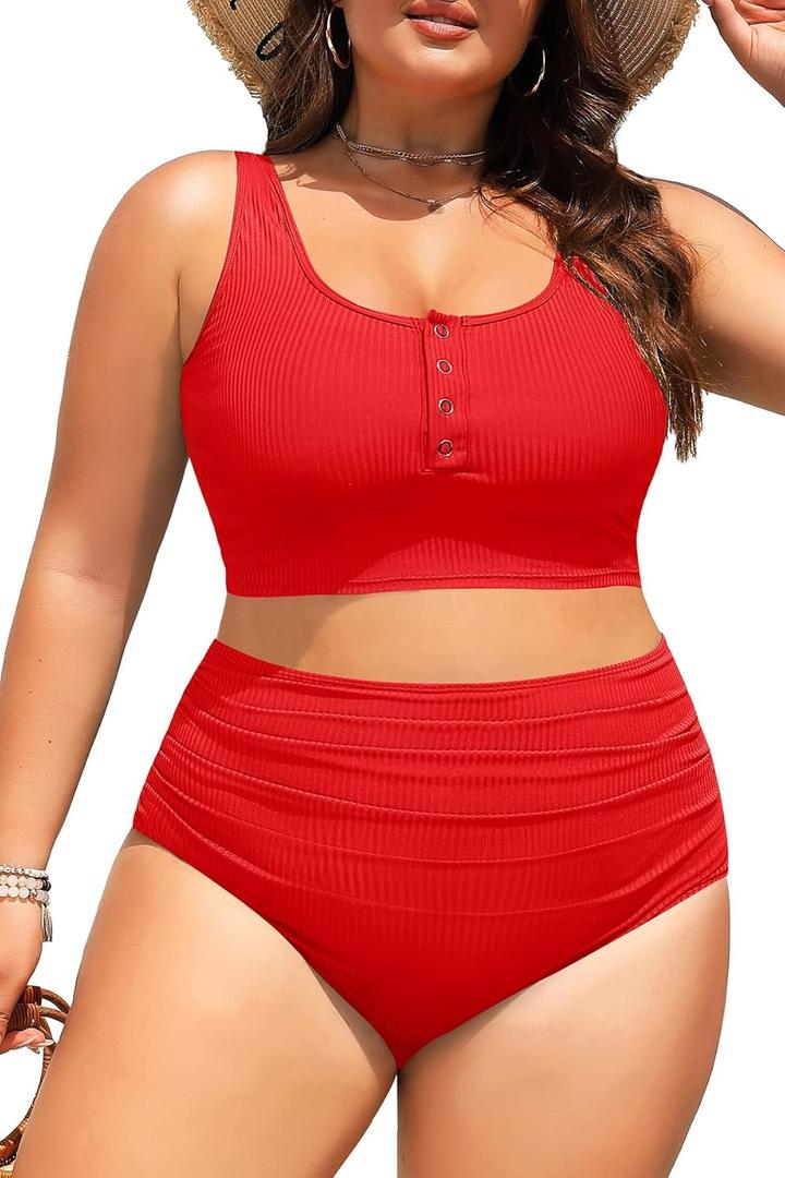 Plus Size 2 Piece Swimsuit - Womens High Waisted Bikini Tummy Control Bathing Suit Ribbed 2025 Swimwear (Red) 22W