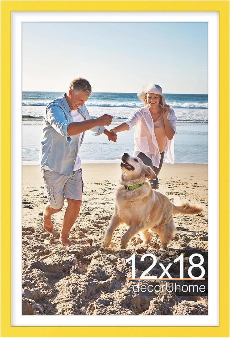decorUhome 12x18 Picture Frame, Display Pictures 11x17 with Mat or 12x18 without Mat, Wall Mounting Photo Frame, Yellow, 1 Pack