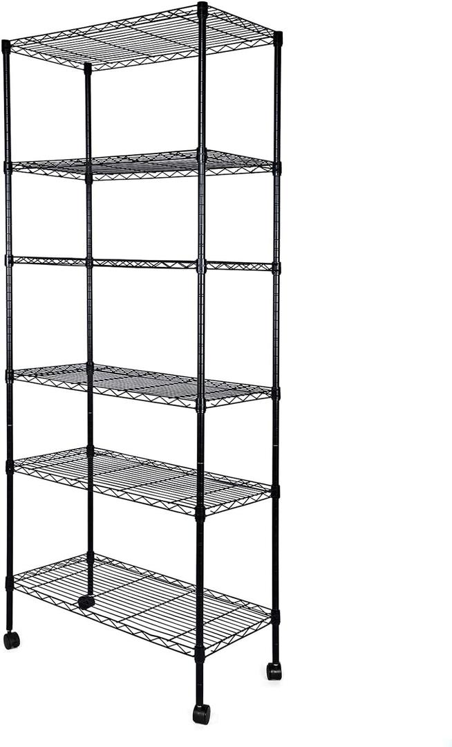 Simple Deluxe Heavy Duty 6-Shelf Shelving, 29.92'' D x 13.98'' W x 71.65'' H Adjustable Wire Shelving with Hanging Hooks and Wheels, Black (6-Tier, Black)