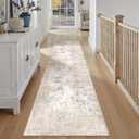 2'6x12 Washable Runner Rug Beige Grey Abstract Non Slip Soft Low Pile Hallway Kitchen Rug Neutral Modern Carpet for Laundry Bathroom Bedroom Living Room Home Decor