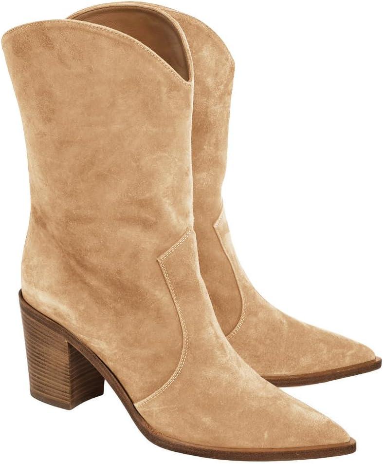 Coutgo Womens Cowboy Mid Calf Boots Chunky Block Heel Pointed Toe Suede Western Cowgirl Boots (8, Khaki)