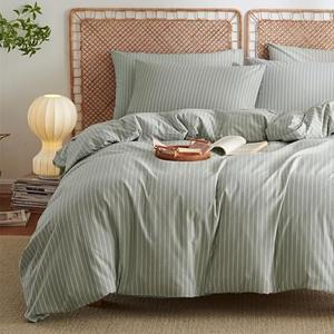 Sedefen Striped Duvet Cover Queen Size Green Stripe Cotton Bedding Set with White Stripes 3 Pieces Kids Boys Girls Vintage Pinstripe Reversible Soft Breathable Fall Duvet Cover Set with 2 Pillowcases