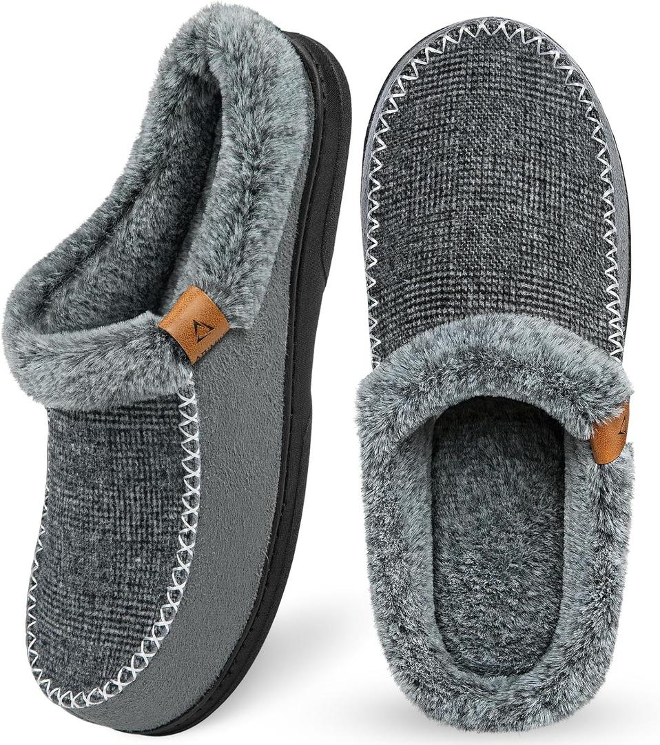 ATHMILE Men's Slippers Slip On Moccasin, Indoor Outdoor Warm Fuzzy Comfy House Shoes, Fluffy Wide Loafer Home Bedroom Slippers (13-14, Grey Black Wool)