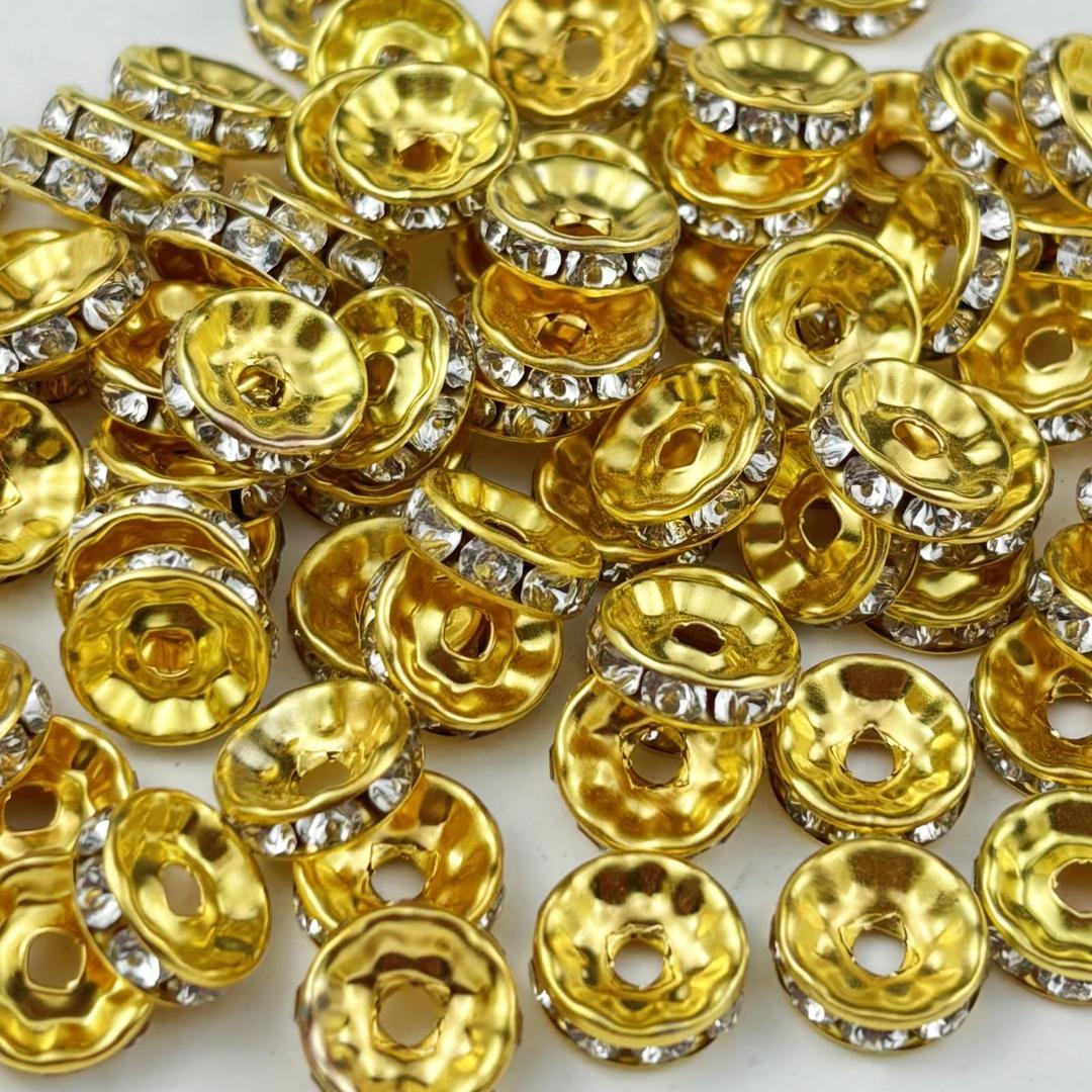 Honkoolly 120pcs 6mm Rondelle Spacer Beads Gold Plated Crystal Rhinestone Spacer Loose Beads for Jewelry Making DIY Bracelets Necklace Earring Craft(Gold White)