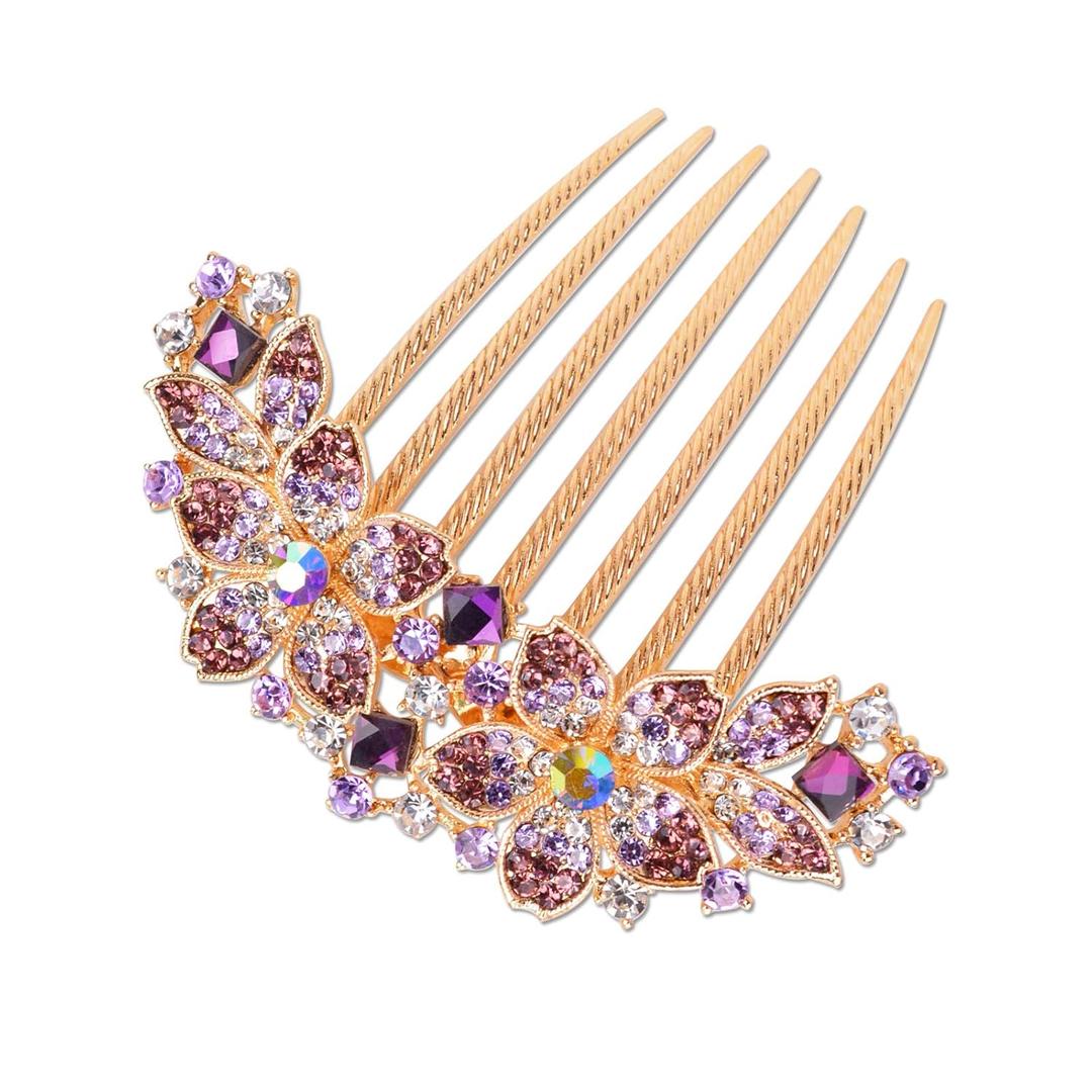 Women Rhinestone Inlaid Flower Hair Comb Hairpin Barrette Accessory,Also Perfect Mother's Day Gifts for Mom (Purple)