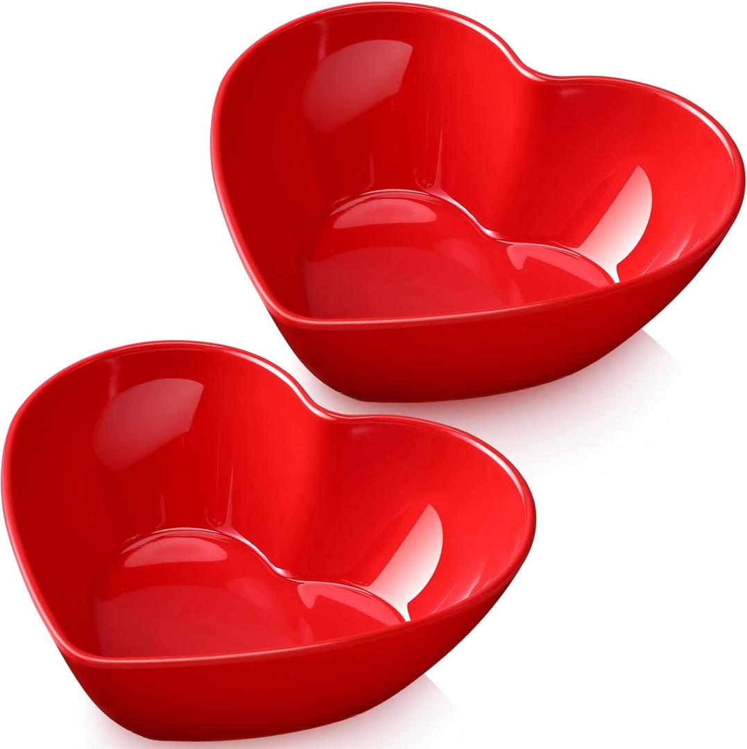 Layhit 2 Pcs 42 oz Red Heart Shaped Bowl Melamine Valentine's Day Salad Bowls 9x7x3 Inch Heart Appetizer Bowls Plastic Snacks Bowls Holder for Fruits Candy Dessert Kitchen Cooking Gift