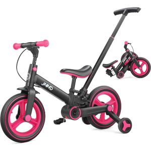 JMMD 6 in 1 Toddler Bike with Push Handle for Kids 18-60 Months, 12" Foldable Balance Bike with Training Wheels, Pedals, Brakes, Kickstand, Push Tricycle Toddler Gift & Toys for Boy & Girl, Large