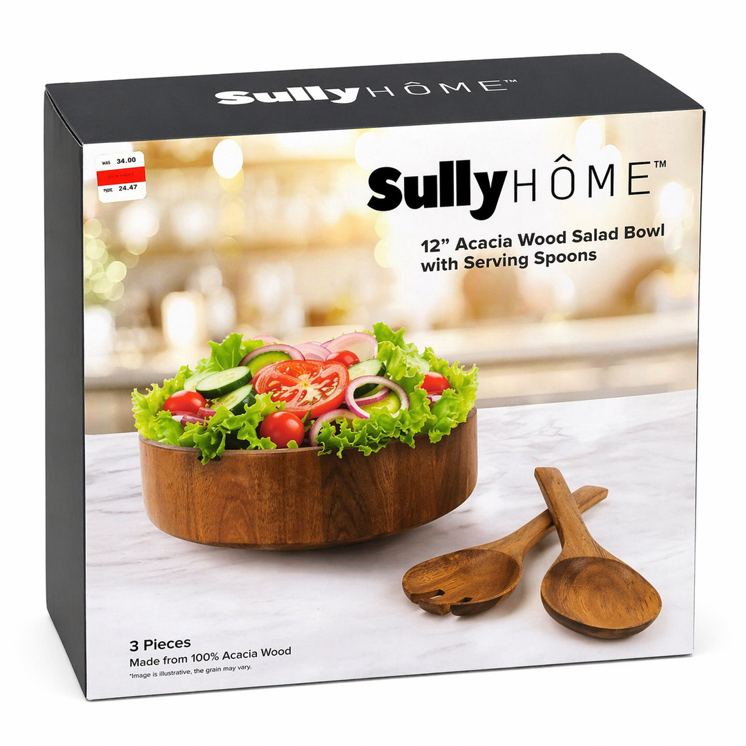 SullyHÔME 12" Acacia Wood Salad Bowl with Serving Spoons