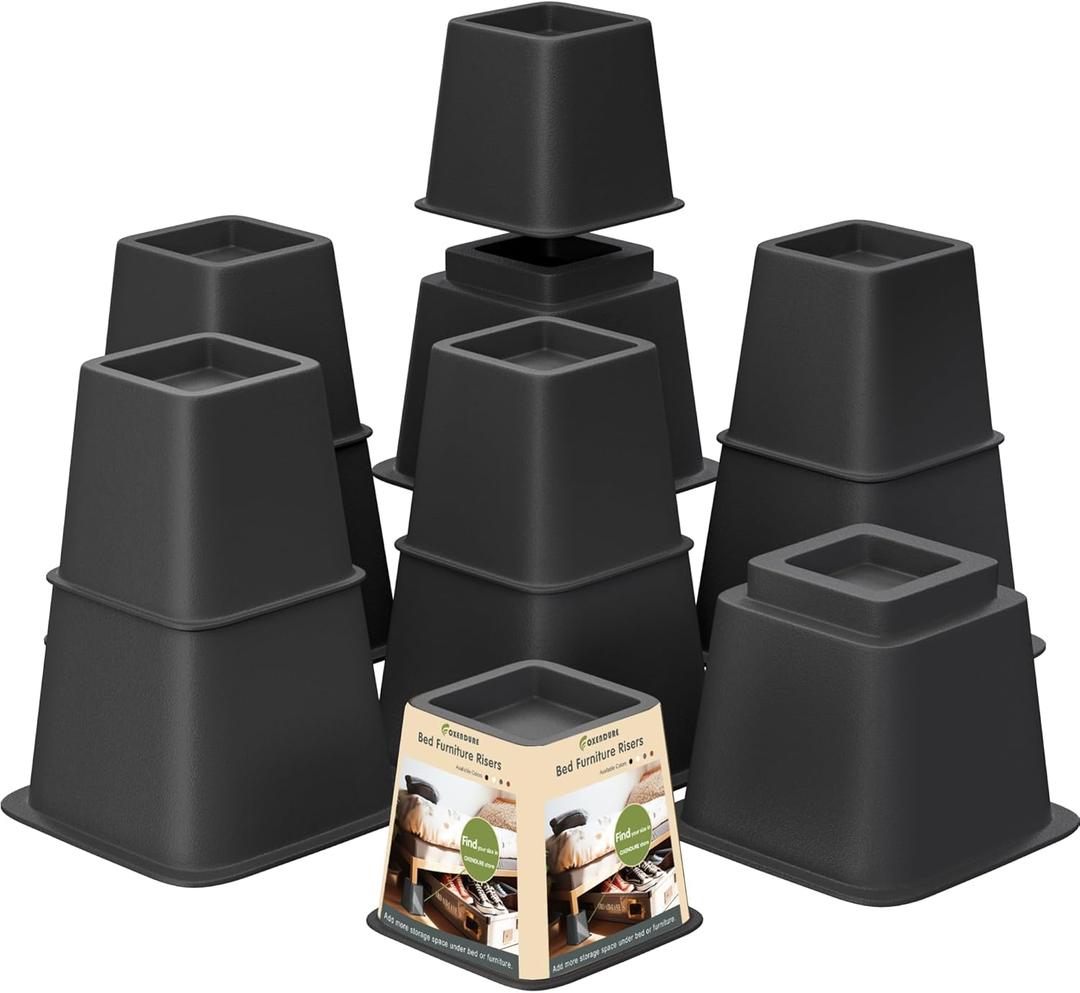 Bed Furniture Riser 3, 5 or 8 inches, Versatile Bed and Furniture Riser - Heavy Duty, Stackable, Supports 550 lbs Each Riser - Set of 12, Black