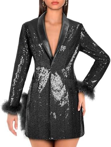 Women Sequin Jacket Long Sleeved Slim Blazer with Pocket, L, Black