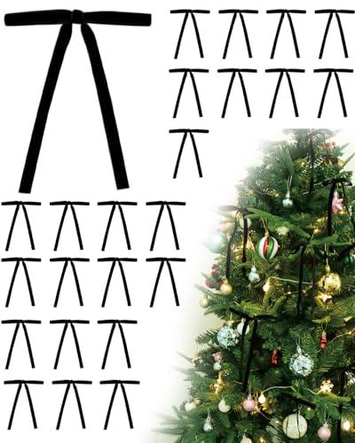 Velvet Christmas Tree Bows – 24 Pcs Holiday Bows (3/8" Wide, 5x7) with Star Clips – Easy Hanging for Tree, Wreath, Gifts & Décor (Black)