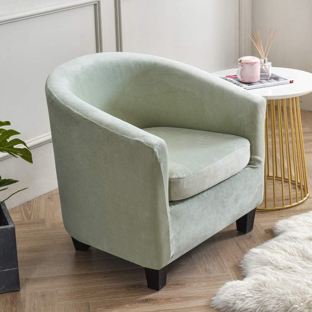 Tub Chair Slipcover,2-Pieces Stretchy Soft Velvet Barrel Club Chair Covers with Cushion Cover,Washable Armchair Sofa Cover Protector for Living Room Bar Counter Single Sofa (Mint Green)