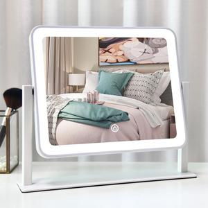 Rechargeable Vanity Mirror with Lights,14"x12"LED Lighted Makeup Mirror,Large Makeup Mirror with Lights,Touch Screen with 3-Color Lighting,Dimmable,for Vanity Desk Tabletop,Bedroom (White)