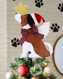 Dog Christmas Tree Topper with Glitter Star & Wings Xmas Tree Ornament Black and White Puppy Winter Holidays Home Decoration Puppy Wreath Attachment Festive Gift Ideas Supplies