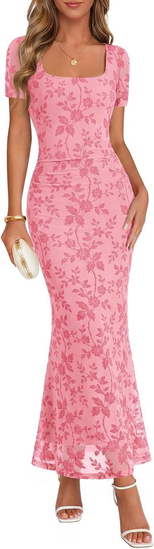 MEROKEETY Women Summer Floral Wedding Guest Maxi Dress 2026 Formal Short Sleeve Square Neck Bodycon Cocktail Party Long Dress (Pink, S)