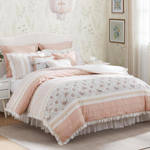 Madison Park Dawn 100% Cotton Shabby Chic Comforter Set-Modern Cottage Design All Season Down Alternative Bedding, Matching Shams, Bedskirt, Decorative Pillows, Queen(90"x90"), Blush 9 Piece
