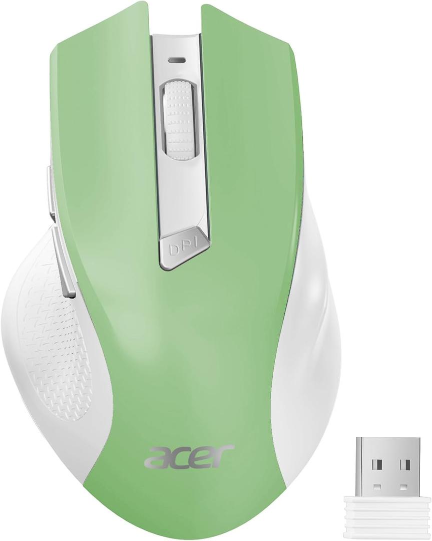 acer Wireless Mouse for Laptop, 2.4GHz Computer Mouse 3 Adjustable DPI Office Cordless USB Mice with USBA Receiver, 6 Buttons, 1600 DPI, Medium to Large Sized Hands (Green)