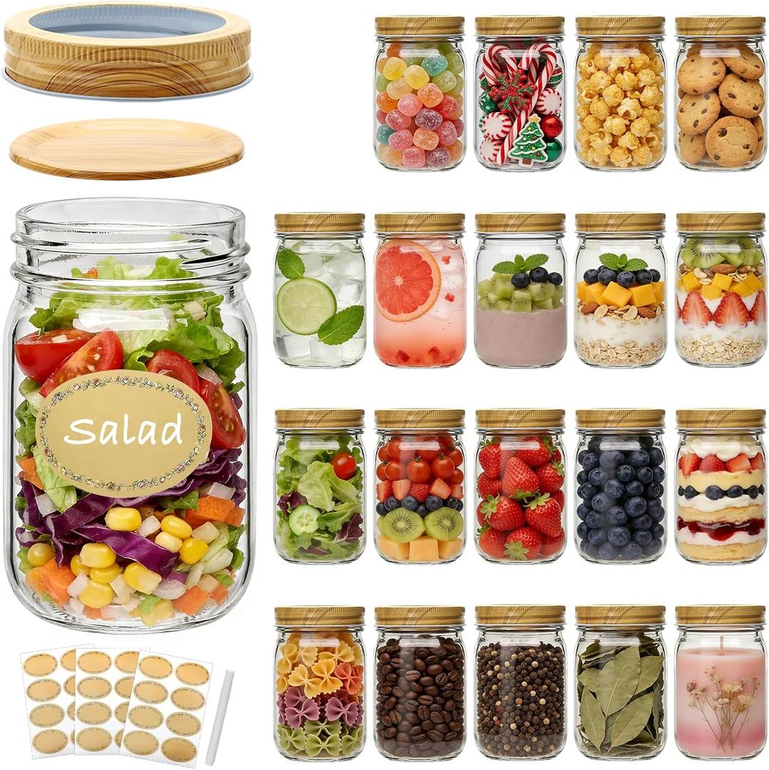 Accguan Mason Jars,Glass Jars With Woodgrain Lids and Bands 12 oz,Canning Jars For Pickles And Kitchen Storage,Wide Mouth Spice Jars With Silver Lids For Honey,Caviar,Herb,Jelly,Jams,Set of 20