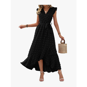 BTFBM Women V Neck Summer Dress 2025 Cap Sleeve Swiss Dot Boho Flowy Ruffle Slit Beach Party Long Maxi Cocktail Dresses L