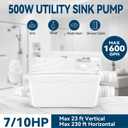 500W Utility Sink Pump with PCB Function Upgrade Structure Upflush to 23FT 1600GPH Under Sink Pump with 3 Water Inlets 1 Outlet Macerating Toilet System for Sink Shower Urinal Kitchen Basement