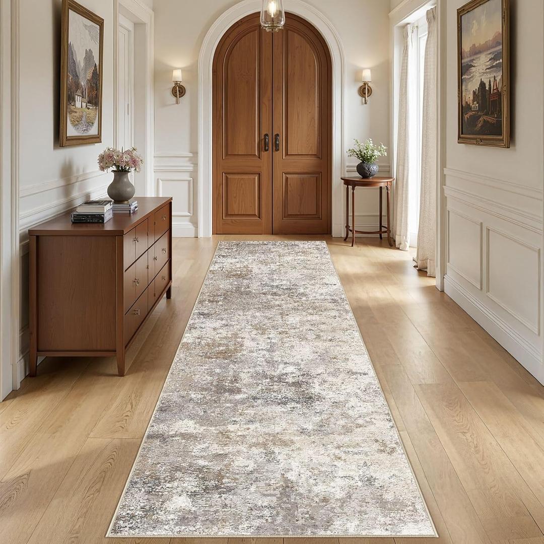 3X10 Washable Runner Rug for Hallway: Soft Neutral Modern Abstract Area Rug - Non-Slip Low Pile Long Throw Indoor Carpet for Kitchen Entryway Kitchen Bedroom Laundry- Brown Grey