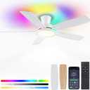 BYKISTOK Flush Mount RGB Ceiling Fan with RGB Light - 52In White Ceiling Fan Light with Reversible Mute Motor, 3CCT LED Dimmable, Low Profile Modern Ceiling Fans for Indoor, Party, Living Room