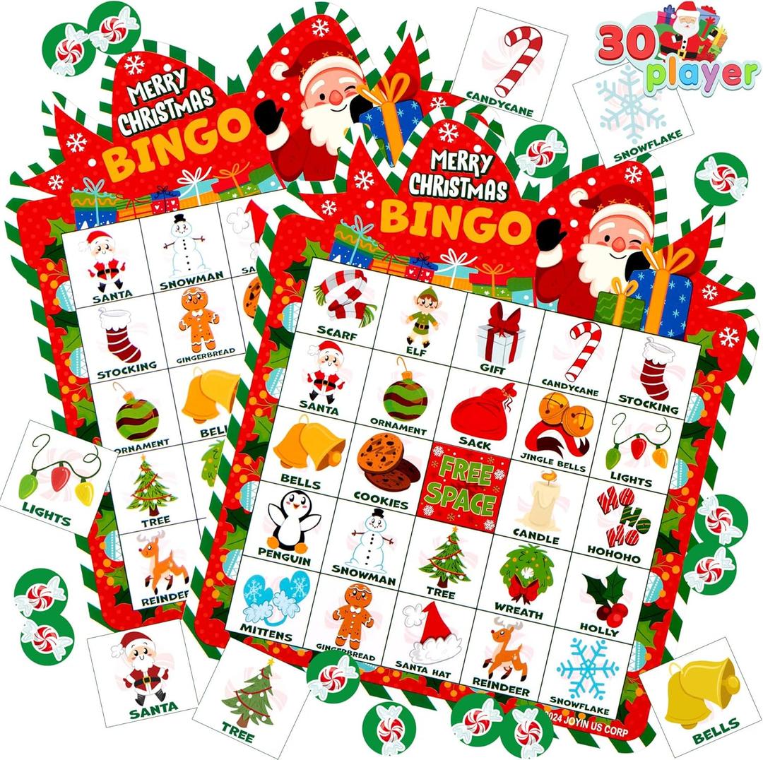 JOYIN 30 Players Christmas Bingo Cards, Xmas Bingo Game for Kids Family Activities, Holiday Winter Bingo Cards for Party Card Games, School Classroom Indoor Party Games
