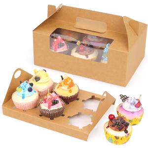 FORBFAN 50 Pcs Cupcake Boxes 6 Count with Handle, Kraft Portable Muffin Boxes, Gable Party Favor Treat Boxes for Wedding Birthday Party