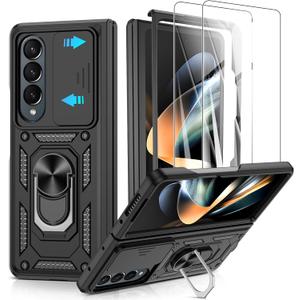 ATUMP for Galaxy Z Fold 4 Case with Slide Camera Cover, Heavy Duty Shockproof with 360 Rotation Kickstand [Military Grade] Protective Case for Z Fold 4, Black