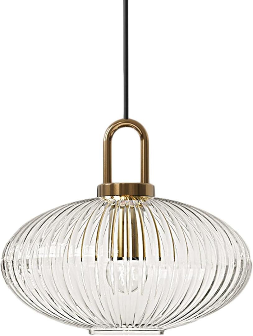 Industrial Vintage Pendant Lighting with Ribbed Glass Lamp Shade and Bronze Finish, Modern Retro Ceiling Light Hanging Lamp for Bedside Dining Table Kitchen Island (Transparent, 11.8")