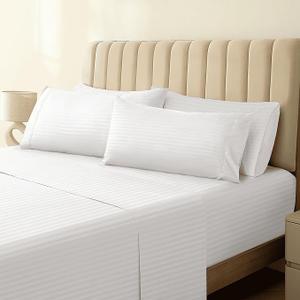 LuxClub 4 PC Queen Size Sheet Set Bed Sheets, Breathable Luxury Deep Pockets 16" Wrinkle Free Cooling Sheets Machine Washable Hotel Bedding (Queen, Striped White)