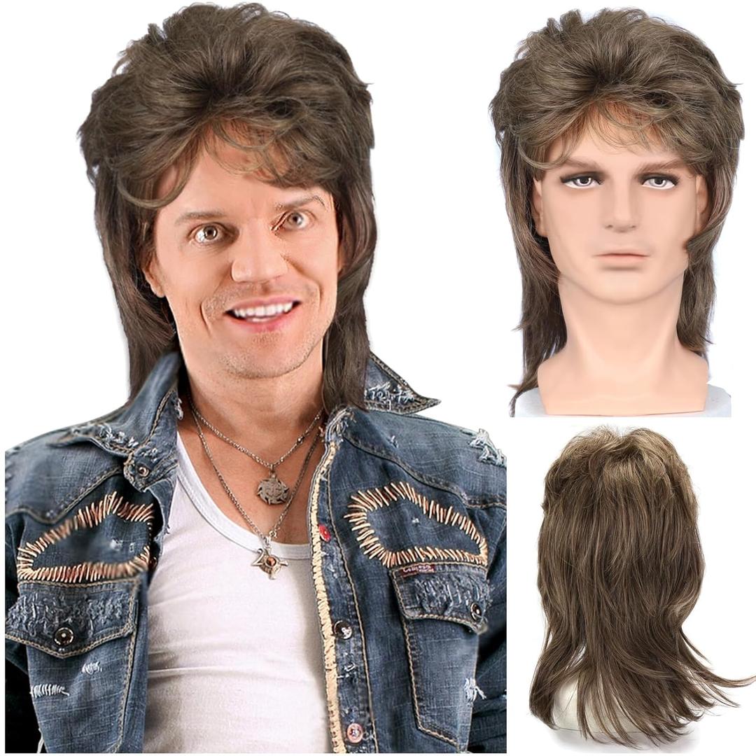 Mens Wig Short Fluffy Wavy Wig for Men Boys Natural Synthetic Male Halloween Costume Wig (Mixed Brown)