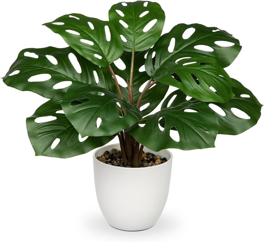 Hollyone Artificial Monstera Plant Faux Monstera Plant Potted Fake Tropical Plants Potted for Indoor Outdoor Home Desk Office Garden Farmhouse Decoration