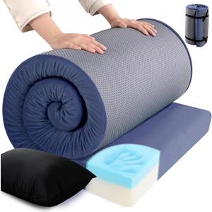 HOMBYS 3 INCH Memory Foam Camping Mattress with Portable Pillow for Outdoor Sleeping, Roll Up Mattress Topper Pad Mat for Travel Truck Bed Tent (Navy Blue)
