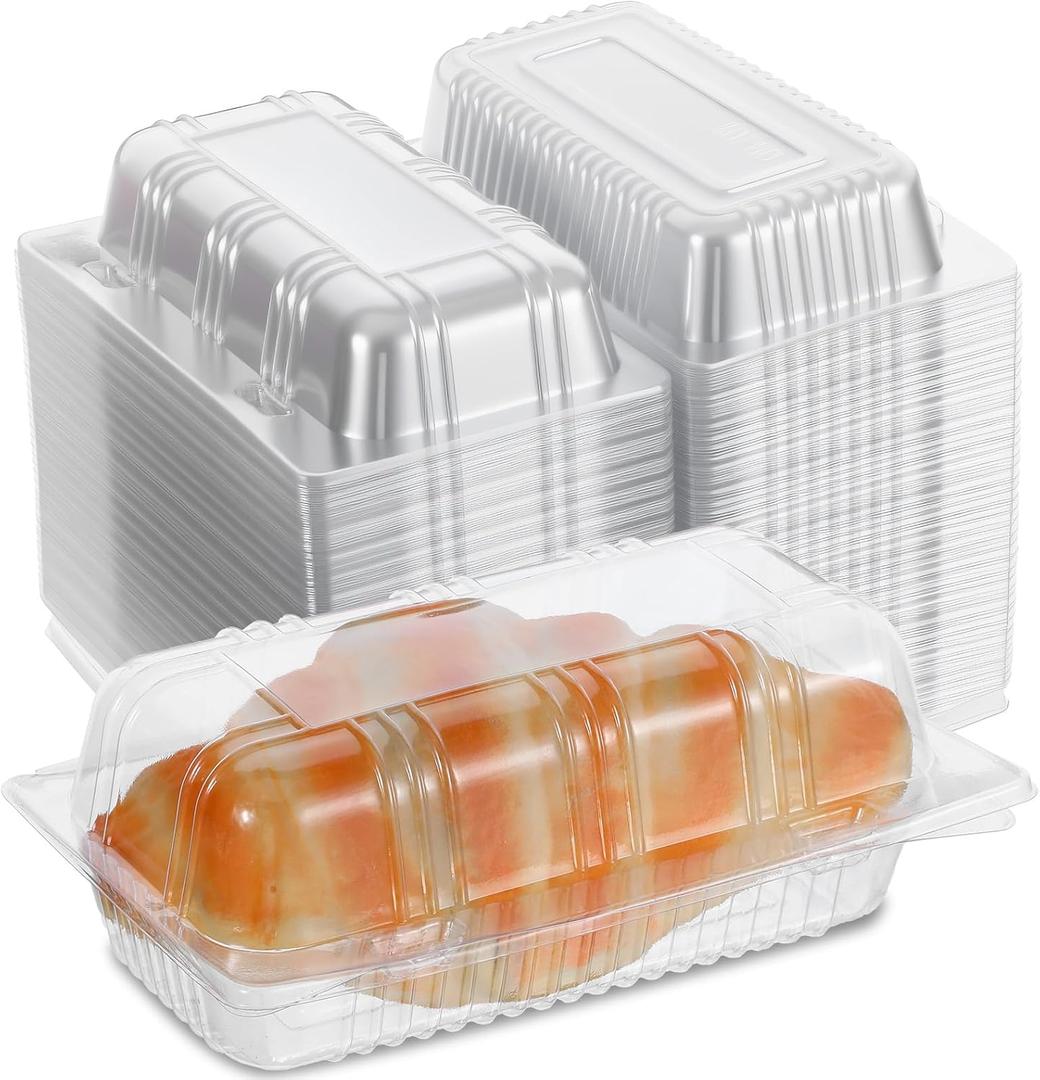 100pcs Locking Plastic Hot Dog Trays, Premium Food Container, Disposable Clear Food Presentation Boats for Takeout and To-Go Meals, 6.5"x2.5"x3.7" Small Containers.