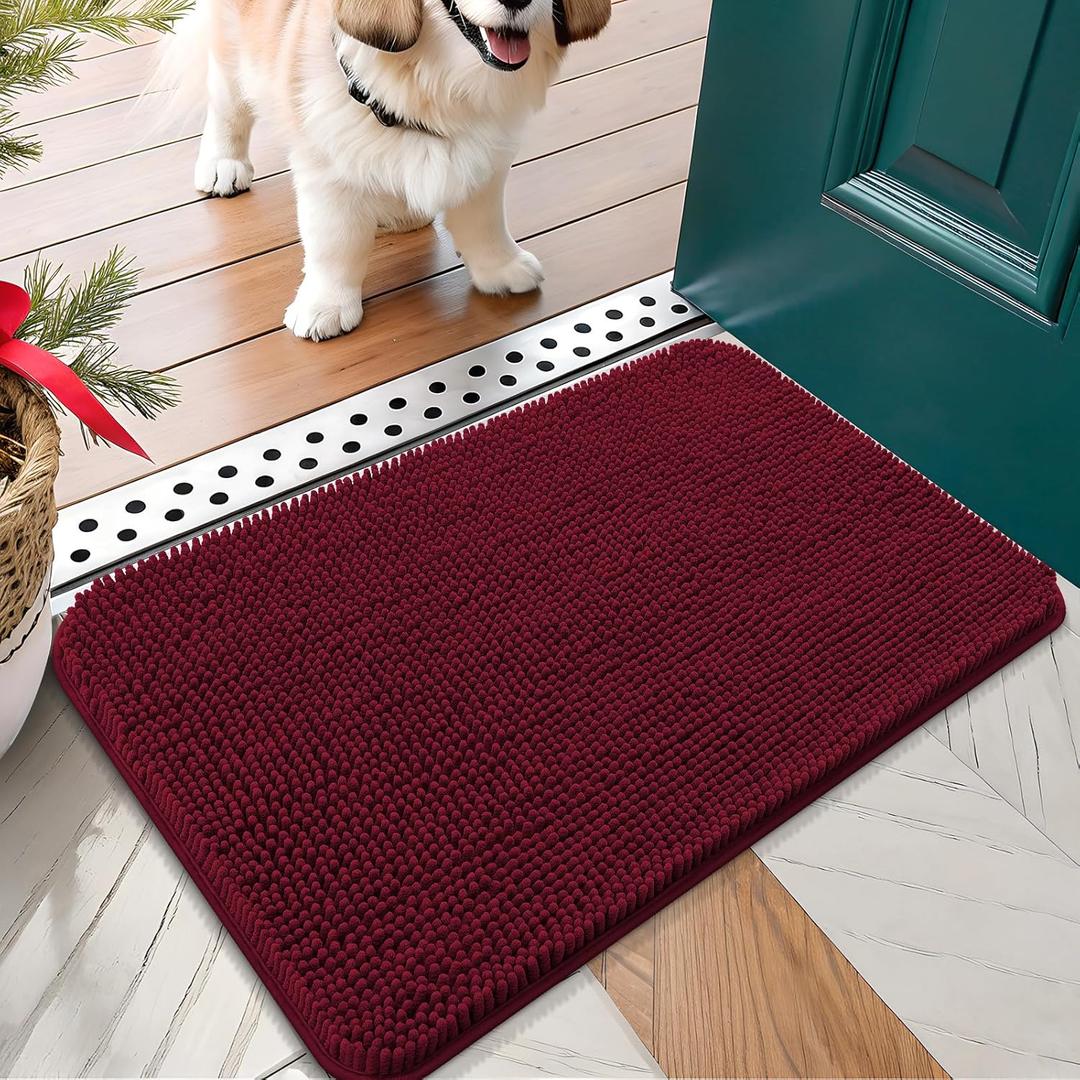 OLANLY Dog Door Mat for Muddy Paws 24x16, Absorbs Moisture and Dirt, Absorbent Non-Slip Washable Doormat, Quick Dry Chenille Mud Mat for Dogs, Entry Indoor Entryway Carpet for Inside Floor, Burgundy