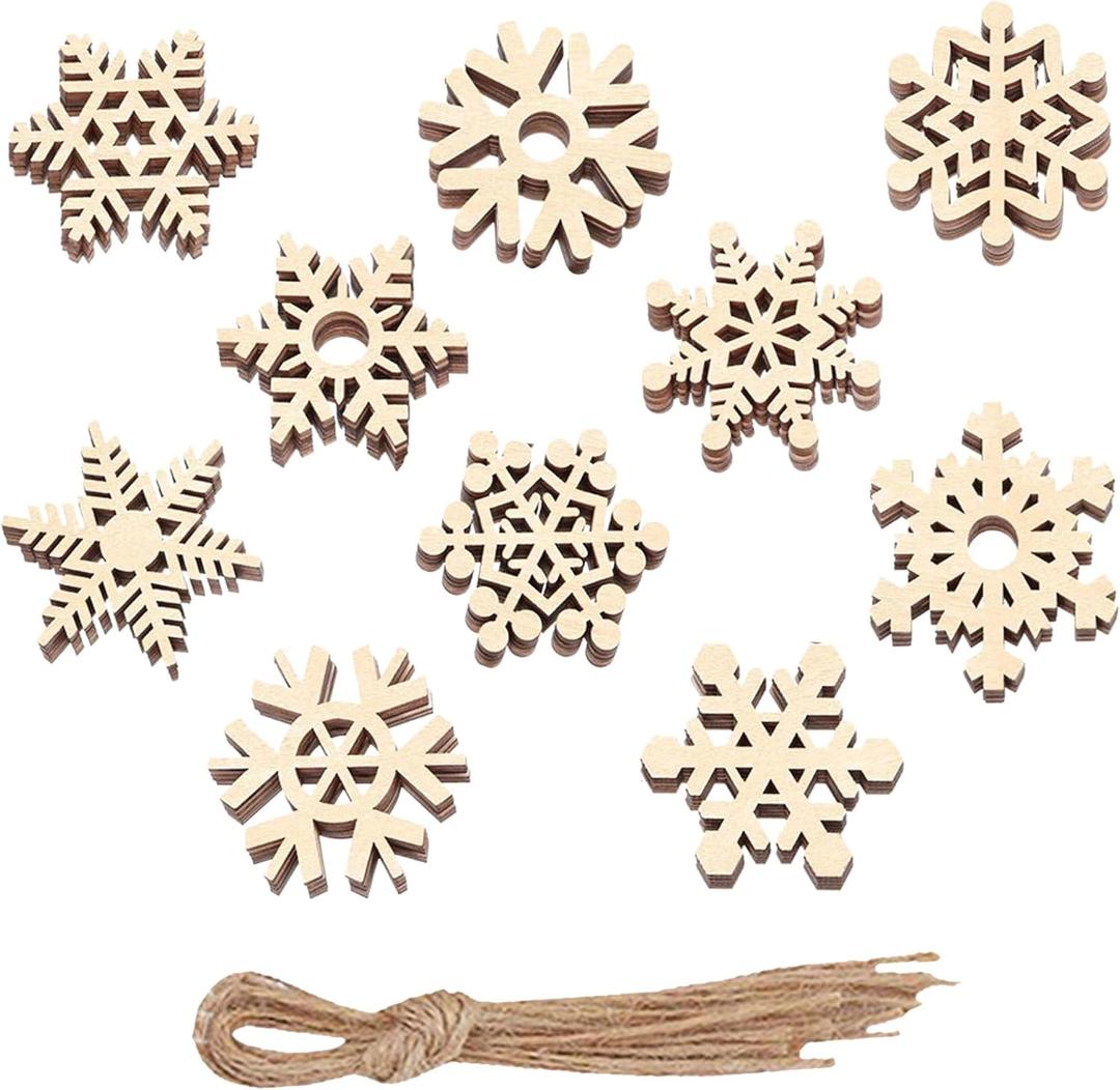 20Pcs Unfinished Wooden Snowflake Ornaments, Christmas Hanging Decoration DIY Craft Snowflake Cutouts with Twine,Rustic Wood Embellishments for Xmas Tree Decor