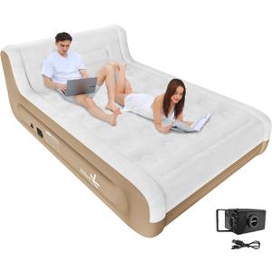 Air Mattress Queen with Headboard, Built-in Rechargeable Pump, 18 Inch Inflatable Mattress for Family Guest Travel Camping, Fabric and Dutch Velvet Blow up Air Bed, 18'' Queen Khaki (Queen-18")