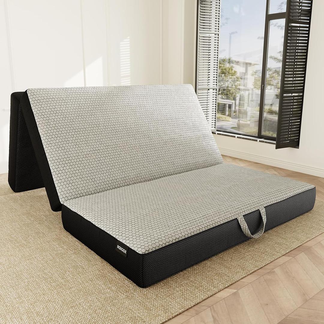 ROXGOX Memory Foam Trifold Mattress, Full Portable Floor Bed 6 Inch, Foldable Mat with Washable Cover, Handle & Non-Slip Bottom, for RV, Travel, Camping, Yoga, 73"x52"x6", Grey