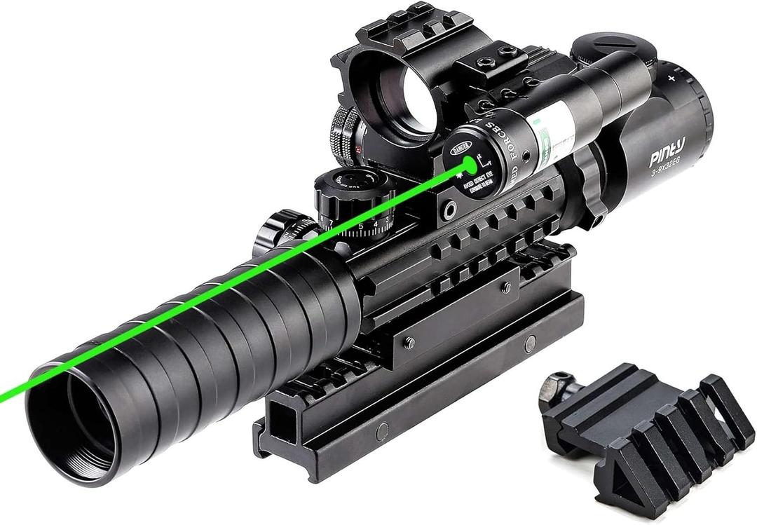 PINTY Tactical Rifle Scope Combo: Illuminated Optics, Red Dot Sight, Laser, RGB Rangefinder Riflescope for 20mm Picatinny Rail (3-9 X 32)