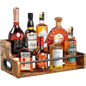 KLM Liquor Bottle Display Shelf, Coffee Syrup Rack Organizer, 2 Step Countertop Liquor Wine Rack, Mini Bar,Liquor Cabinet, Home Retro Bar Shelf Stand for Liquor Whiskey, Spirits, Brown
