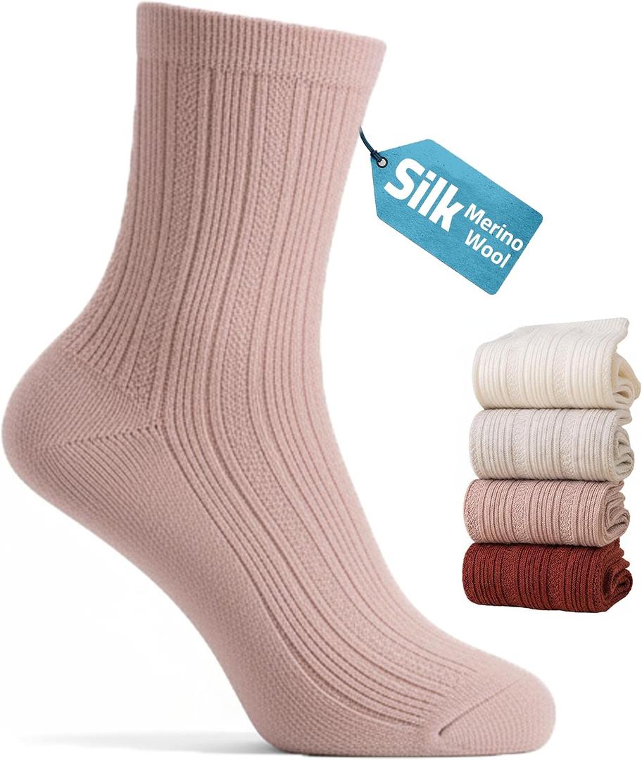 Merino Wool & Silk Blend Boot Socks Women Soft Crew Socks Comfort Breathable Daily Wear 4-Pack