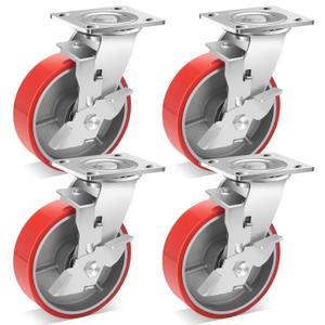 W B D WEIBIDA Heavy Duty Casters Set of 4, 6 Inch Industrial Locking Caster Wheels with 4800 LBS, No Noise Polyurethane Wheel on Steel Hub Swivel Plate Caster for Tool Cart, Workbench(4 Brake)