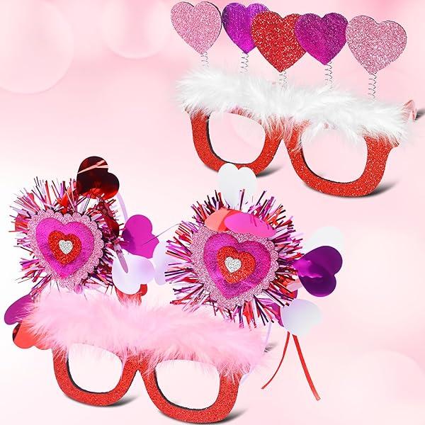 Sratte 2 Pieces Pink Heart Eyeglasses Love Plastic Glasses Photo Props Glitter Red Heart Sunglasses for Birthday Cosplay Party Favors Funny Eyewear Costume Accessory