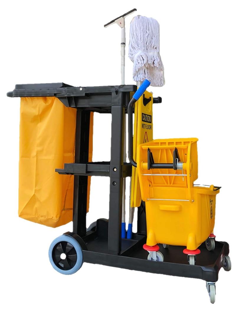 Simpli-Magic Janitorial Cart, 330 lbs Capacity  3-Shelf Commercial Housekeeping Cleaning Cart on Wheels, 25 Gallon Bag with Lid  Stable, Smooth Movement