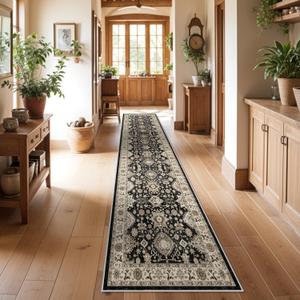 Washable Hallway Runner Rug 3x12: Non Slip Runner Rugs with Rubber Backing Soft Kitchen Rug Farmhouse Distressed Carpet Runner for Living Room Bedroom Bathroom (Black, 3X12)