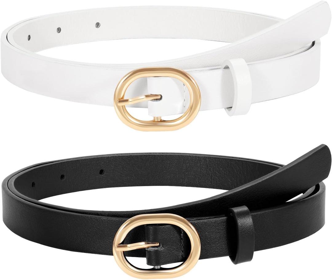 WERFORU 2 Pack Women's Skinny PU Leather Belt with Gold Buckle Ladies Thin Leather Plus Size Waist Belt for Jeans Dress (Fit Waist Size 31-36 Inches, C-black+white)